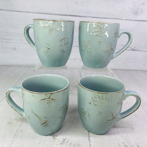 Thomson Pottery CAPE COD Embossed Seashells Stoneware 10.5oz 4"T Cups Mugs Set 4 - Picture 2 of 16